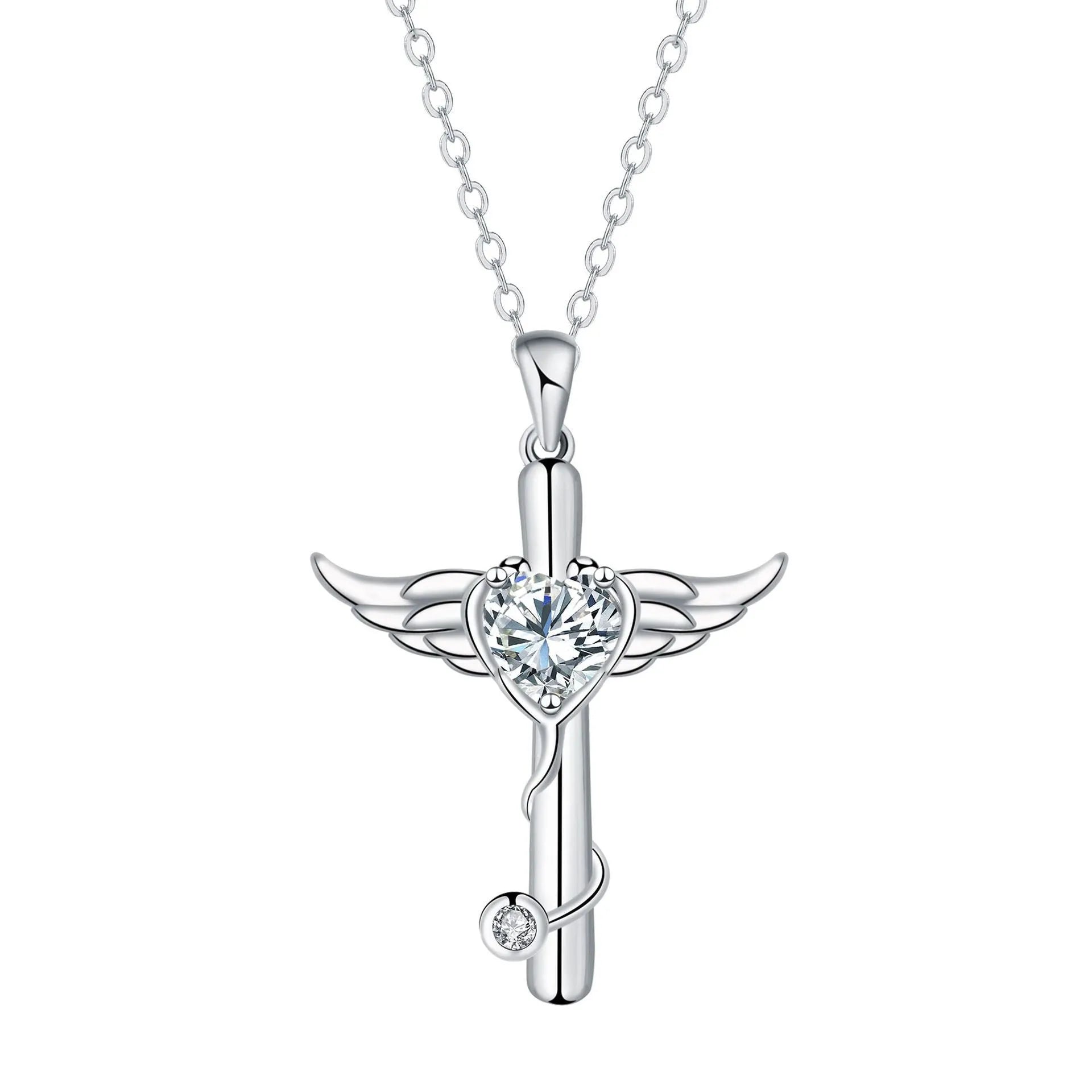 Cross stethoscope necklace with wings pendant in electroplated copper with White Diamond or Red Diamond finish