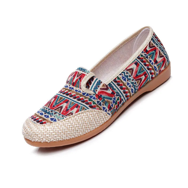 Women's ethnic style flat heel cloth shoes with shallow mouth and colour stitching