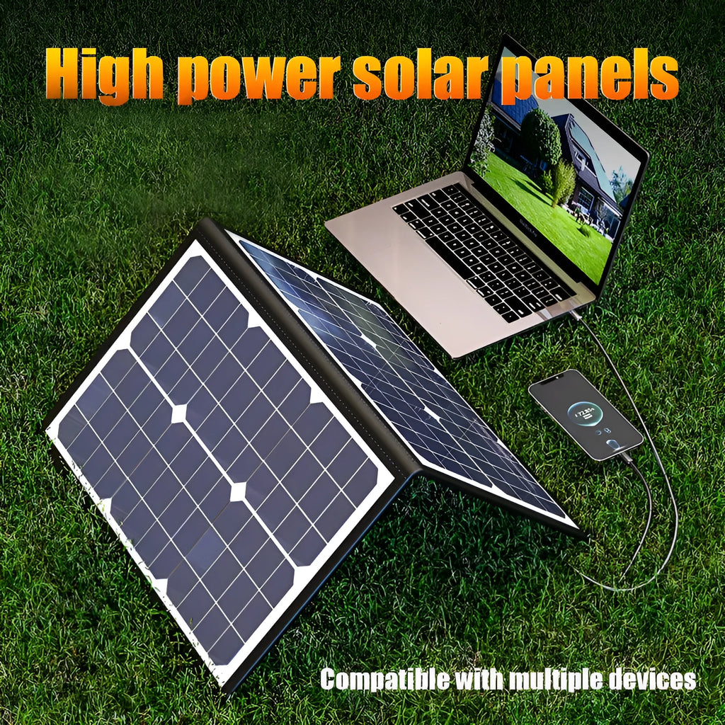 Black foldable solar panel bag showing its compact size and textured solar cell surface.
