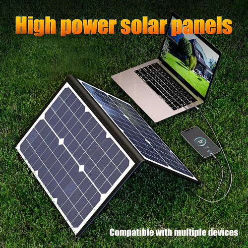 Black foldable solar panel bag showing its compact size and textured solar cell surface.