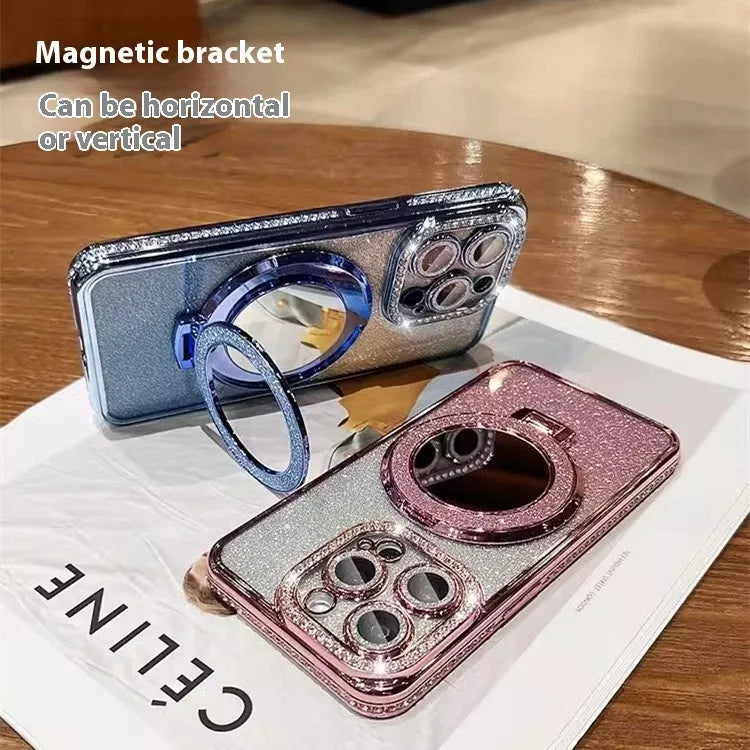 Gradient glitter phone case for iPhone with a built-in flip-out makeup mirror on a stand.
