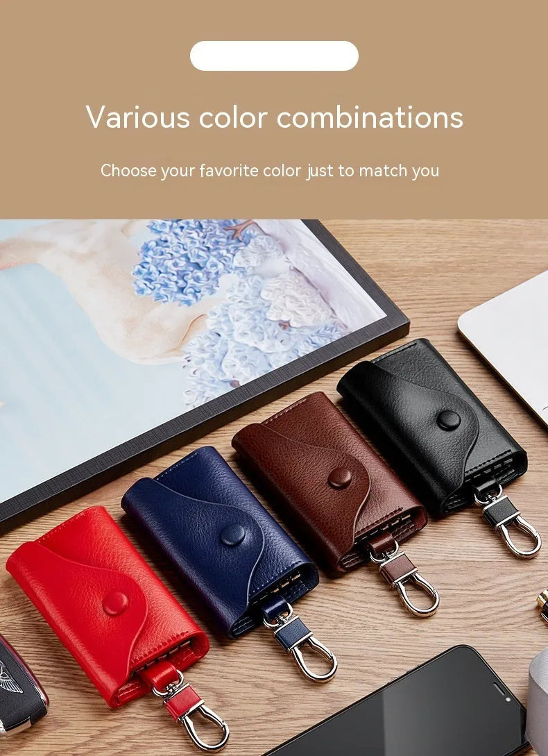Genuine leather keychain card holder in square vertical design with key mapping internal organisation