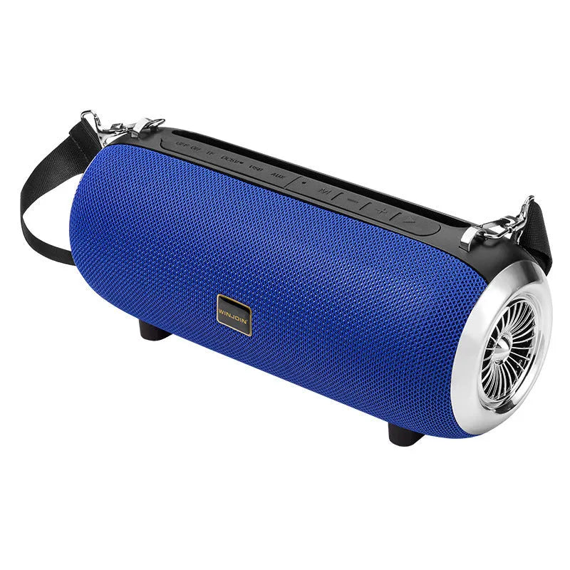 F666 mini portable Bluetooth speaker in black with fabric mesh finish, shoulder strap, and retractable FM antenna.