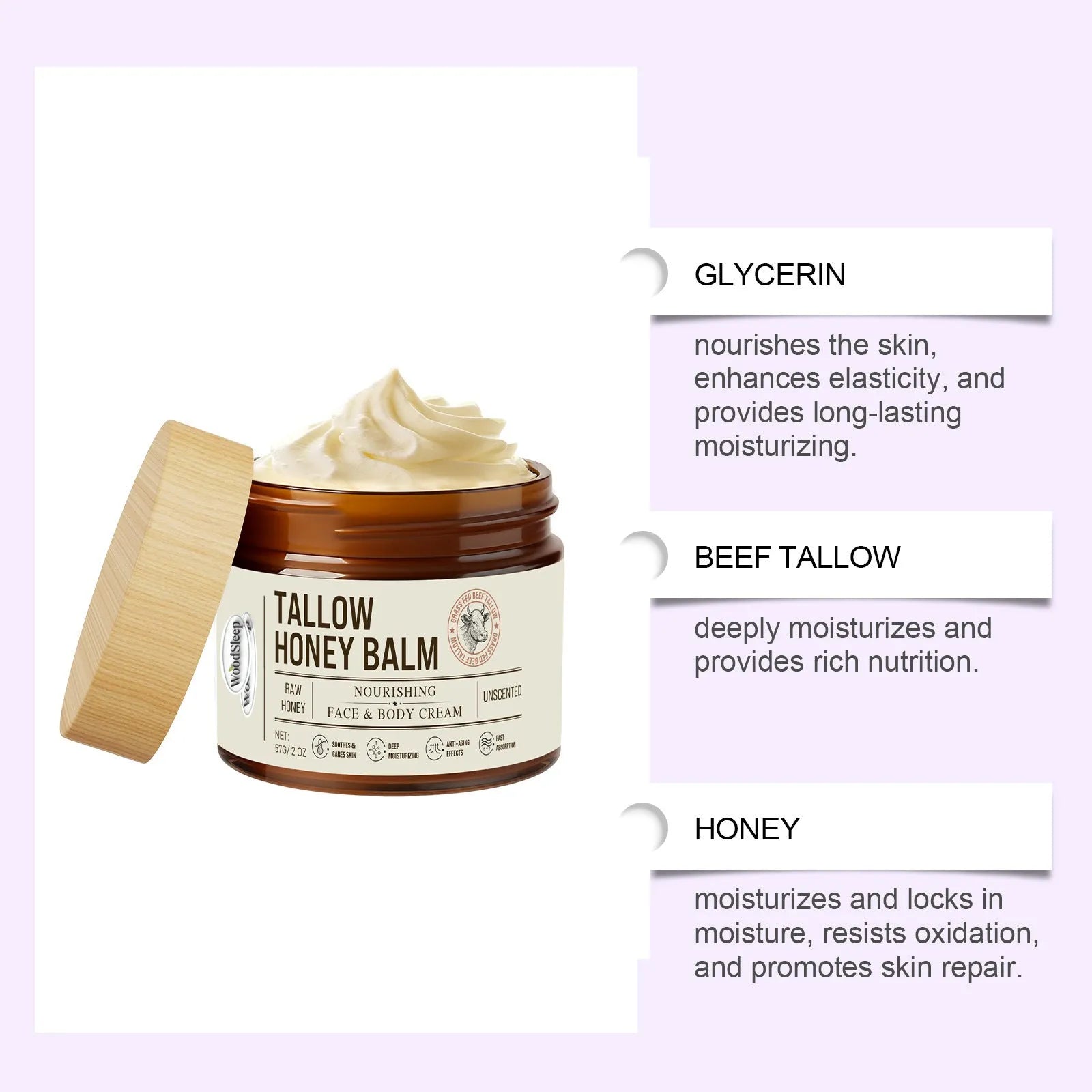 Jar of tallow honey moisturising cream for dry skin, 57g
