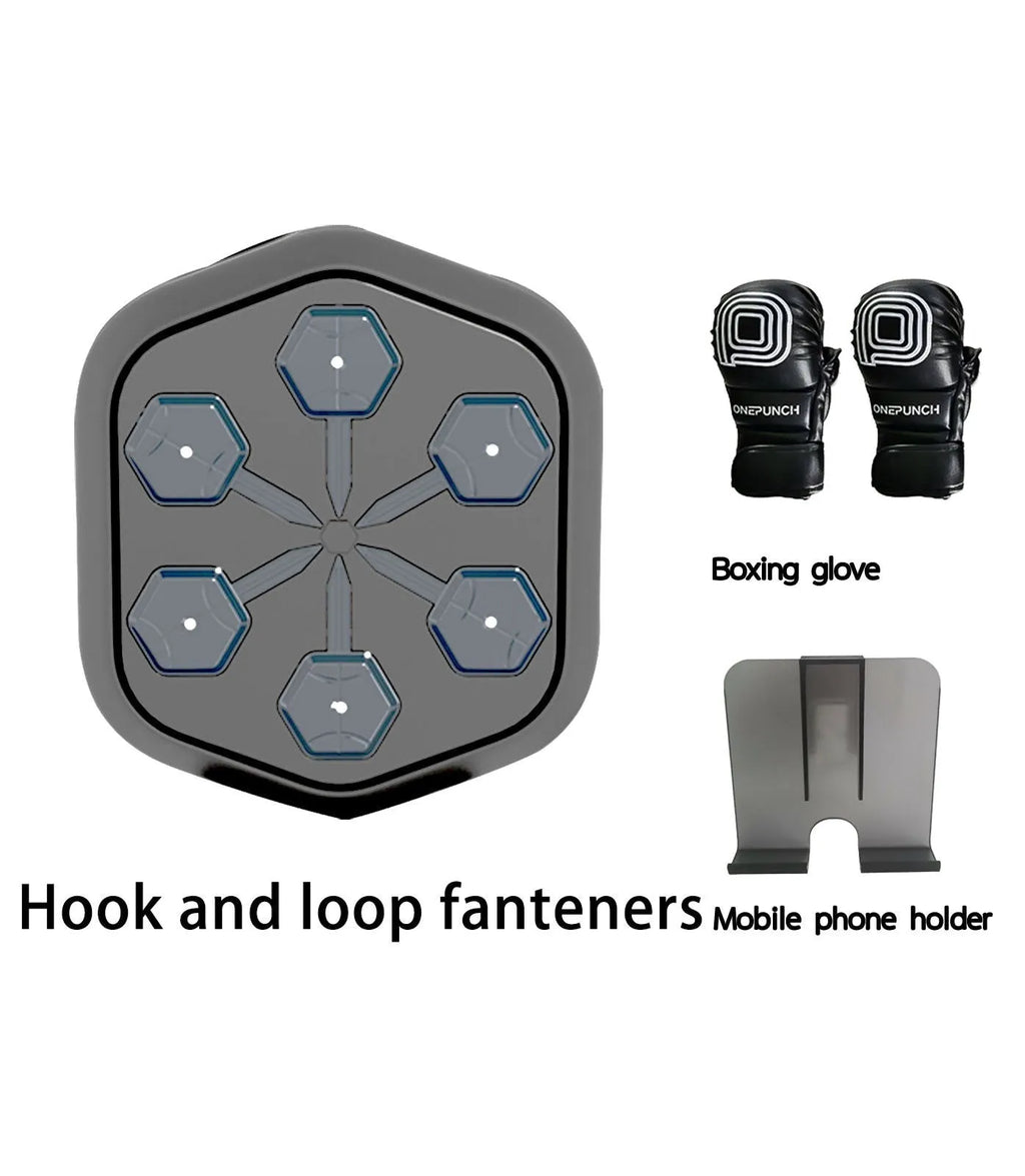 Smart black boxing machine with Bluetooth connectivity and Velcro straps, includes boxing gloves