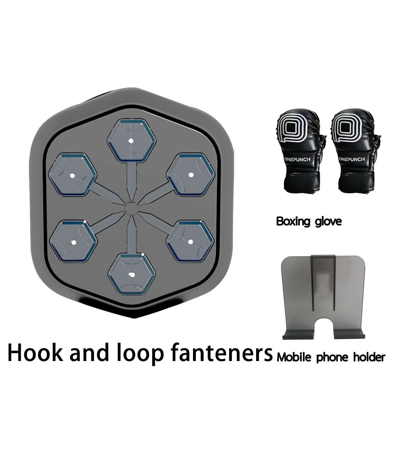 Smart black boxing machine with Bluetooth connectivity and Velcro straps, includes boxing gloves