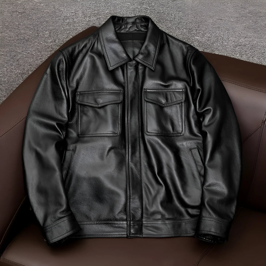 Men's plus size lapel leather jacket in black or brown with side pockets