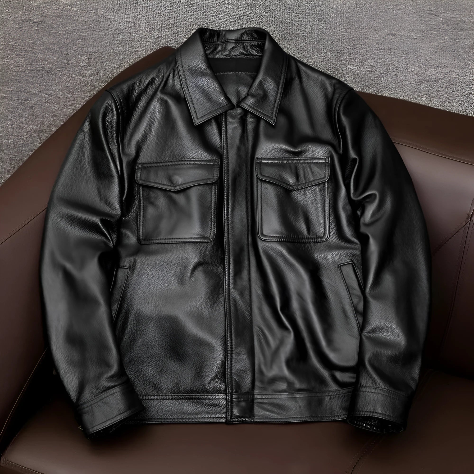 Men's plus size lapel leather jacket in black or brown with side pockets