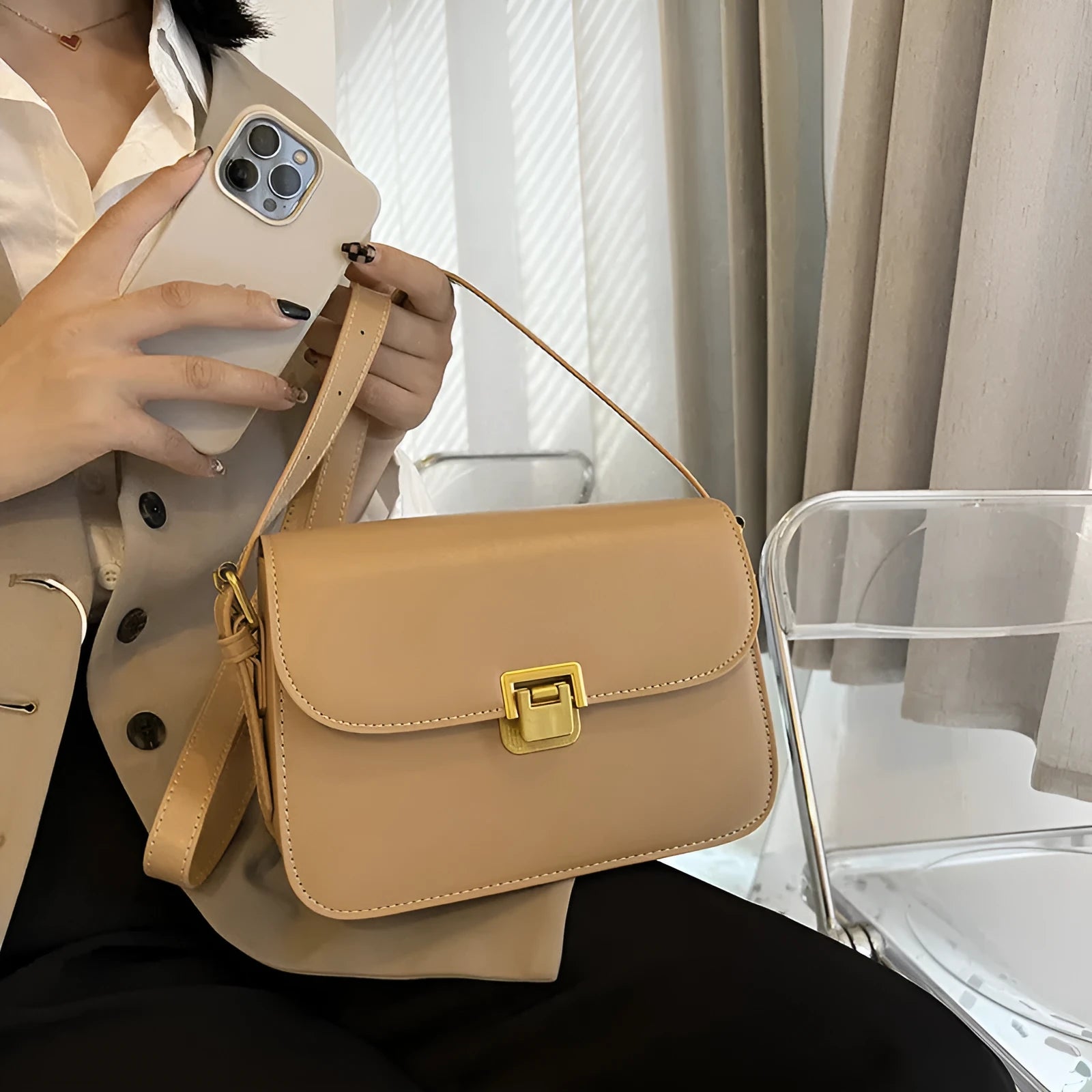 Women's soft PU leather small square bag in horizontal rectangle shape with cross-body strap