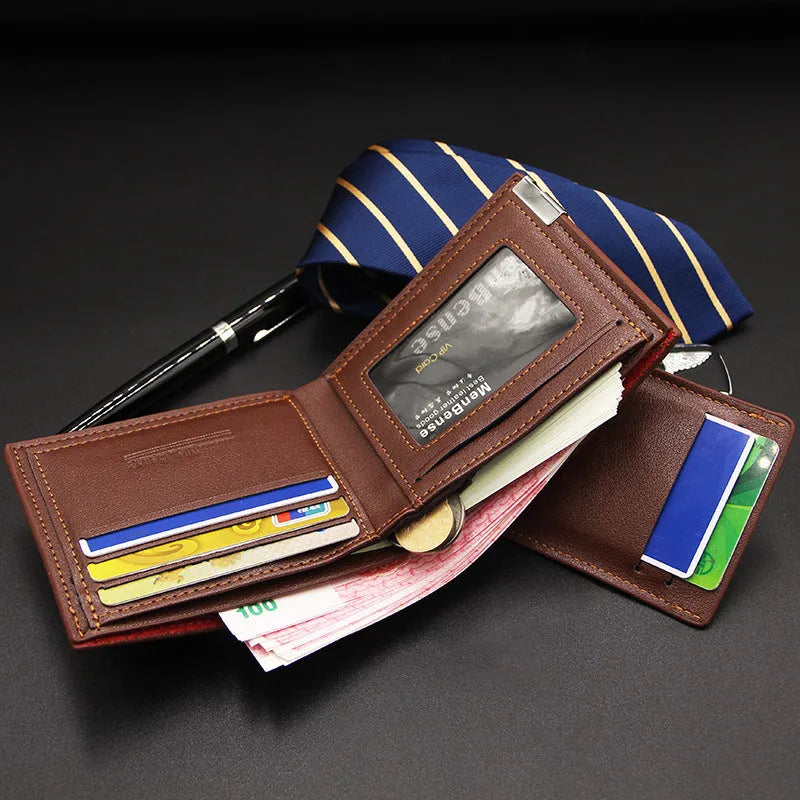 Men's black PU leather short wallet with iron-edge construction showing card slots and note compartment