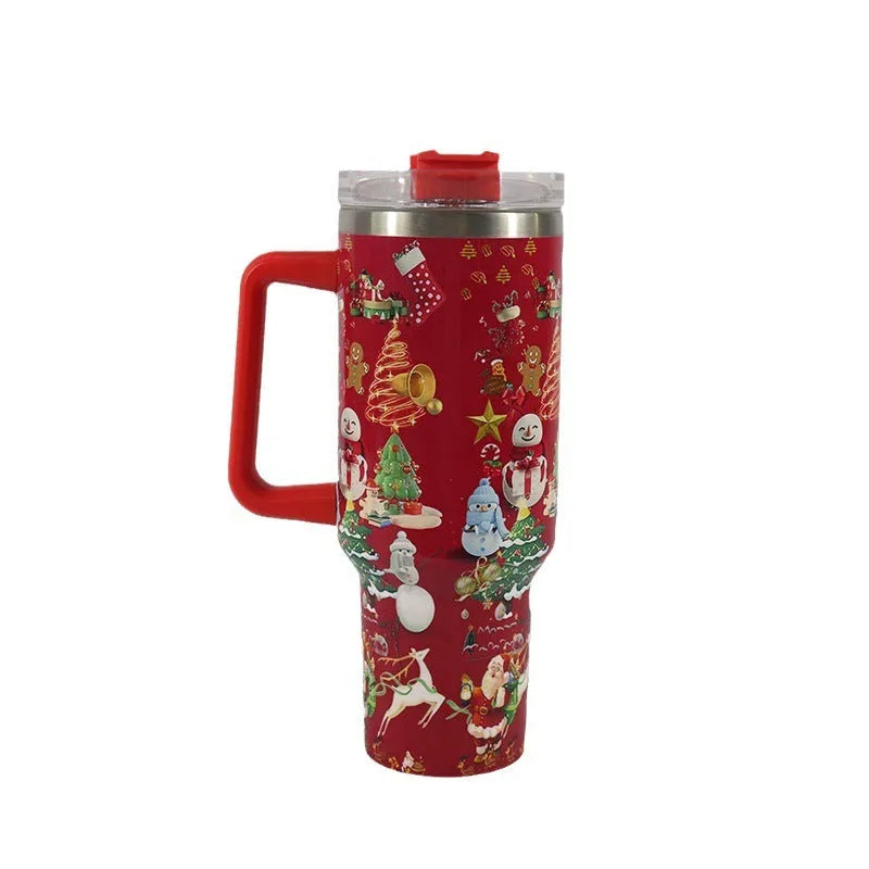 Christmas pattern stainless steel vacuum tumbler with handle and straw lid