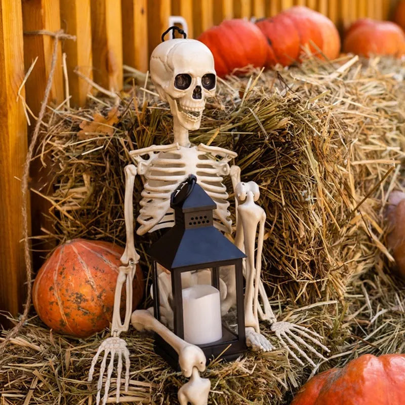 90cm tall poseable plastic Halloween skeleton model with movable arms and legs for decoration.