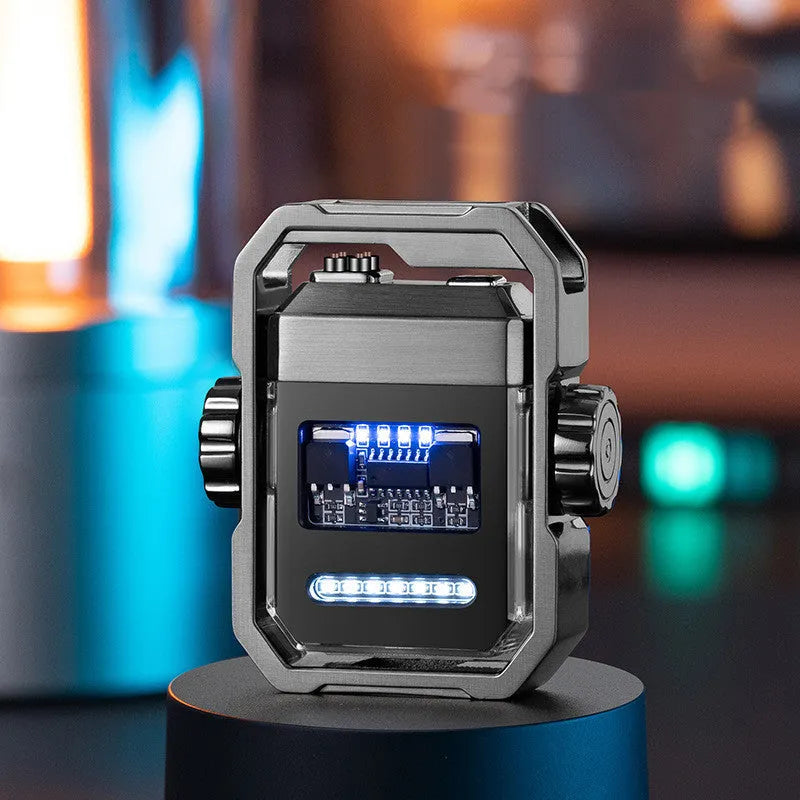 Blue zinc alloy electric lighter with a spinning gyroscope and a visible double ignition arc.