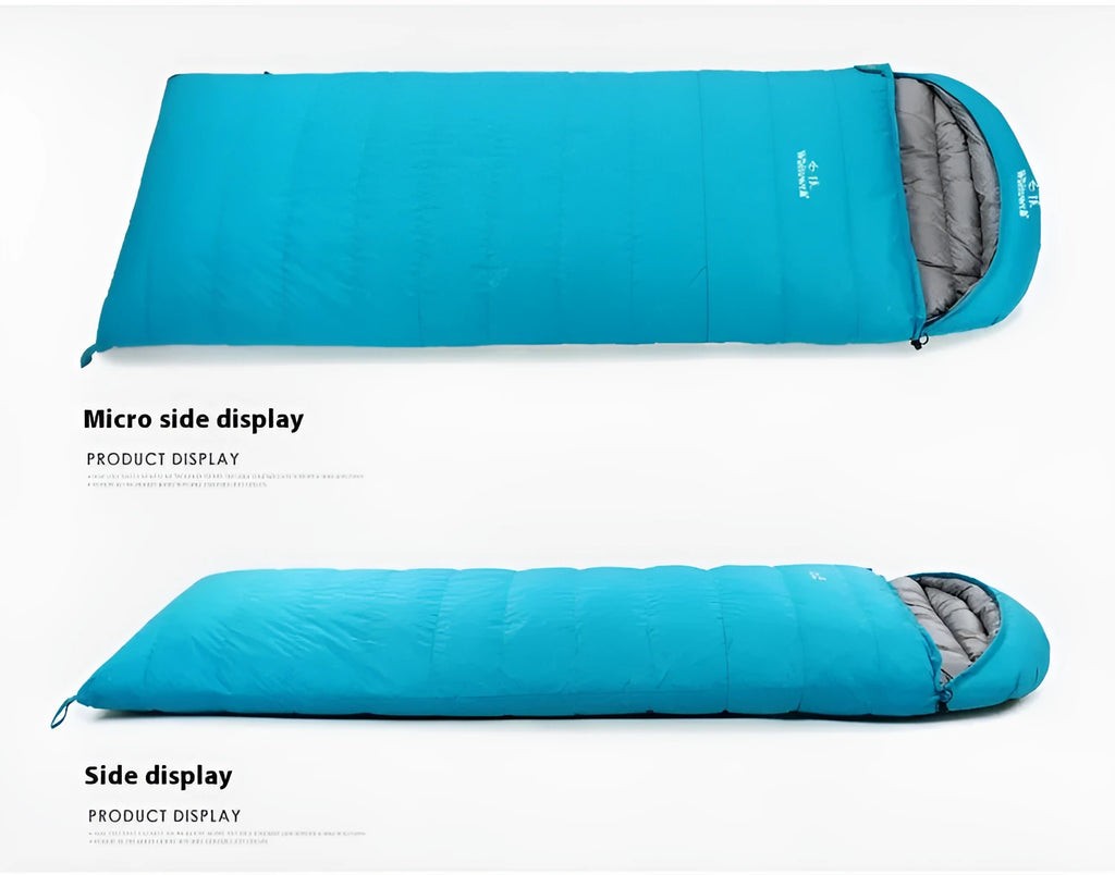 Black outdoor sleeping bag with white goose down fill and envelope construction.