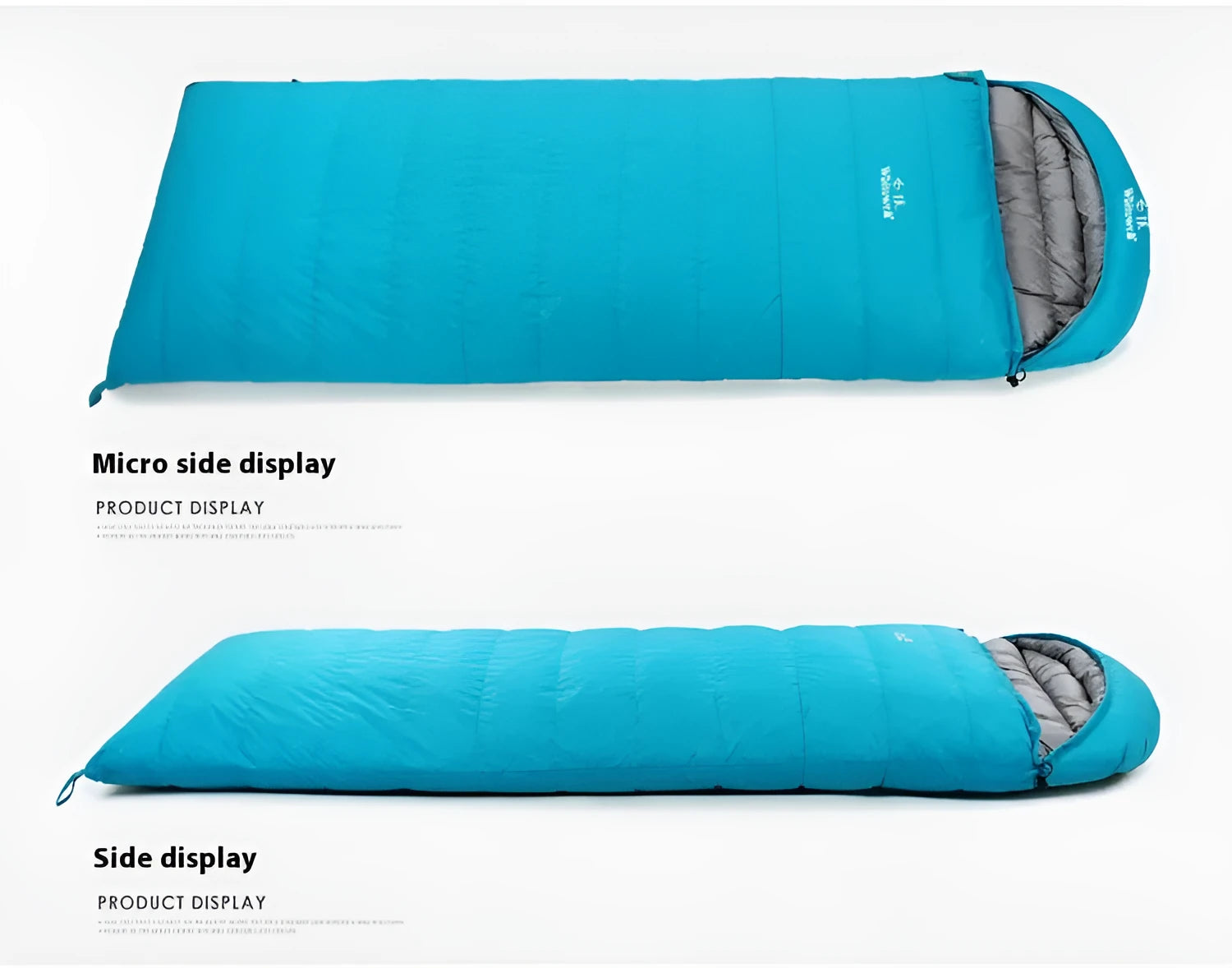 Black outdoor sleeping bag with white goose down fill and envelope construction.