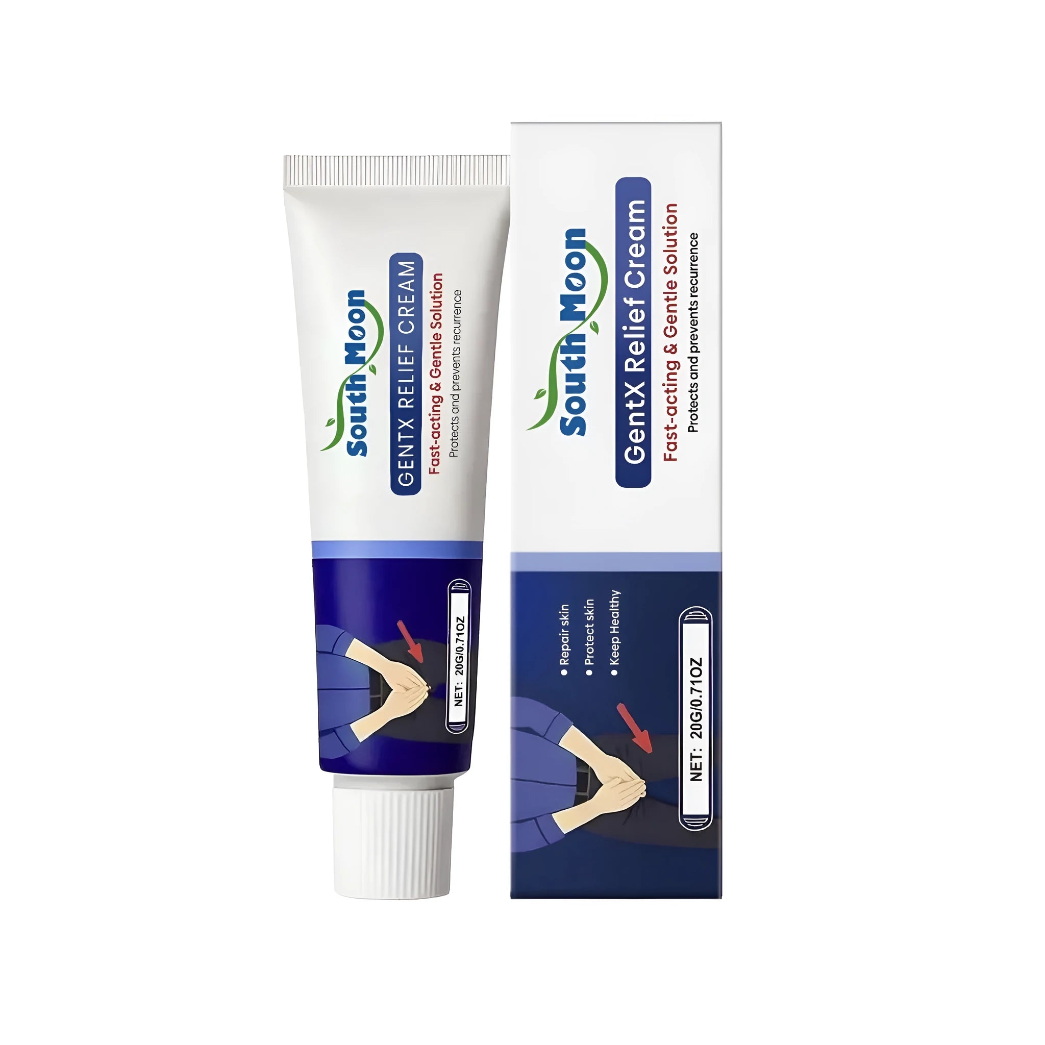 A 20g tube of relief cream containing aloe and mint leaves for skin soothing and cooling comfort.