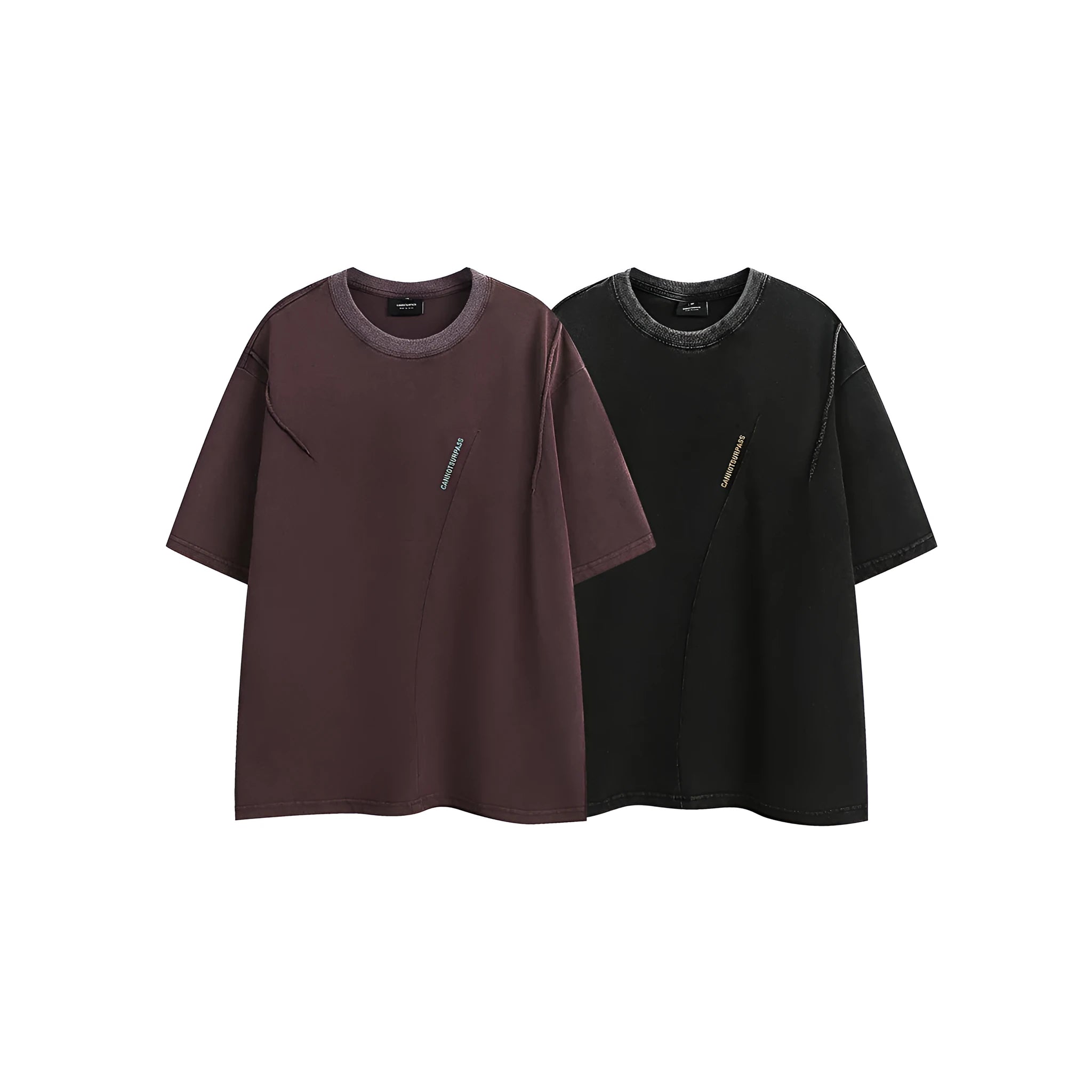 Black and purple loose-fit cotton T-shirt with embroidered design on the front.