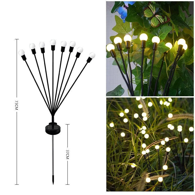 Solar-powered LED garden spike light with multiple firefly-like heads and a push-in pneumatic ground plug.