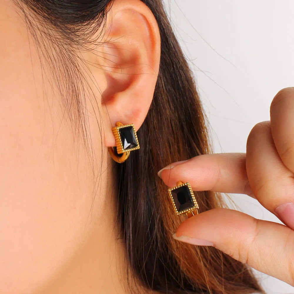 Square zircon stainless steel geometry earrings with round rings in white, black, or green.