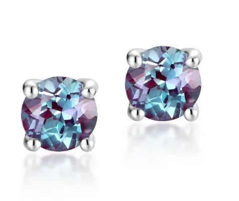 A pair of silver geometric ear studs with a round, coloured Alexander stone setting.