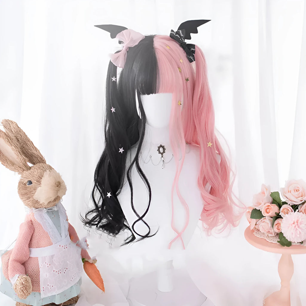 Harajuku Lolita long curly black and pink wig with bangs on a mannequin head