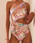 Rose gold patterned women's swimsuit in polyester fabric on mannequin