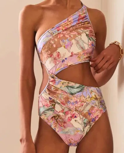 Rose gold patterned women's swimsuit in polyester fabric on mannequin