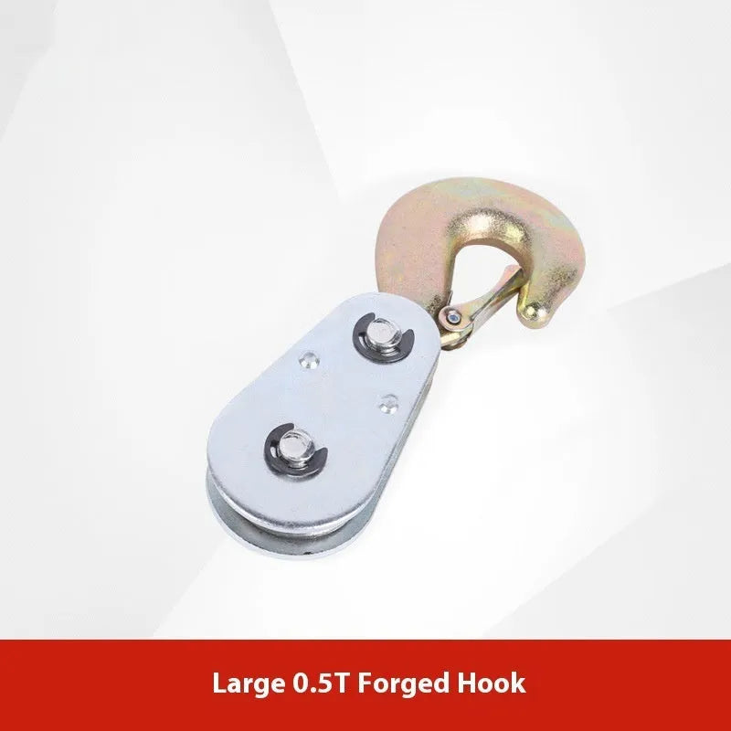 Red industrial steel lifting pulley with a safety latch on the hook for secure lifting.