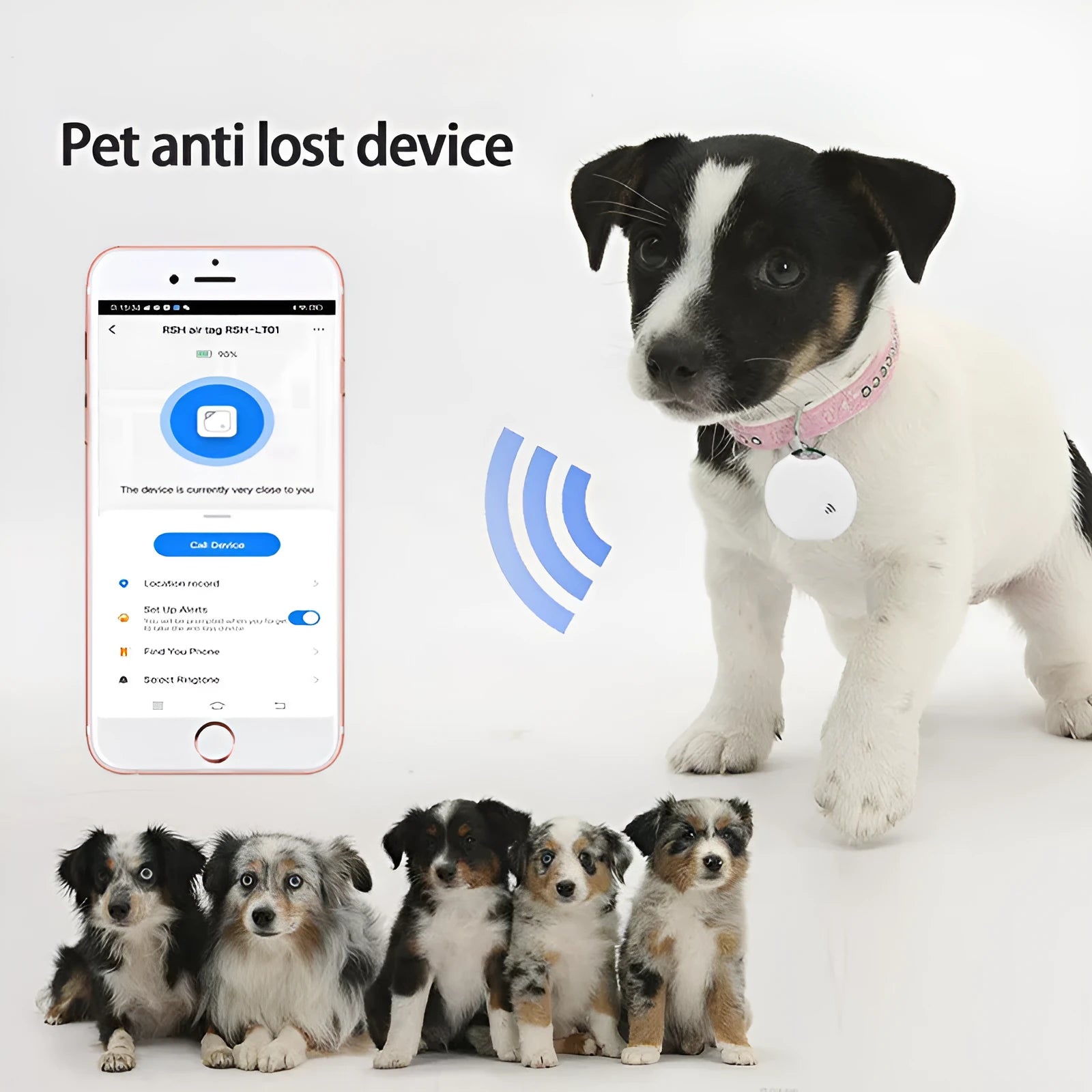 White plastic Bluetooth pet tracker with collar attachment, 40x40x10mm, for dogs and cats