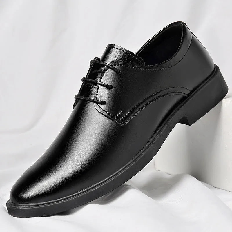 Men's black soft leather low-top round toe casual formal shoes with PU upper and PVC sole