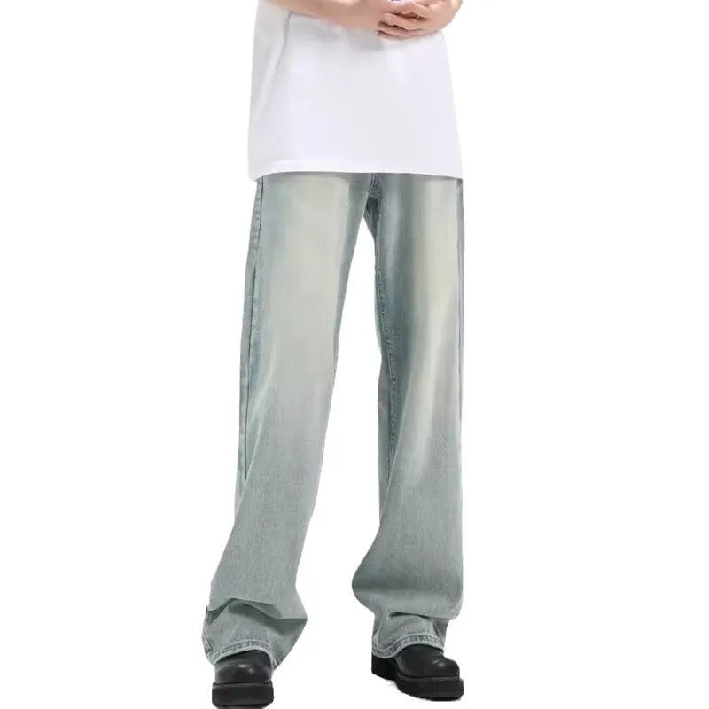 Blue loose-fit retro casual trousers with rabbit fur fabric and an elasticated waist.