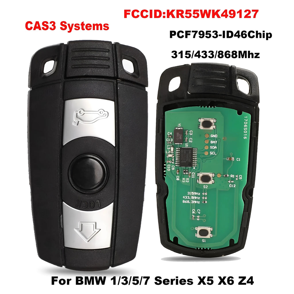 BMW HU92 semi-intelligent three-button car key remote fob with metal and plastic construction.