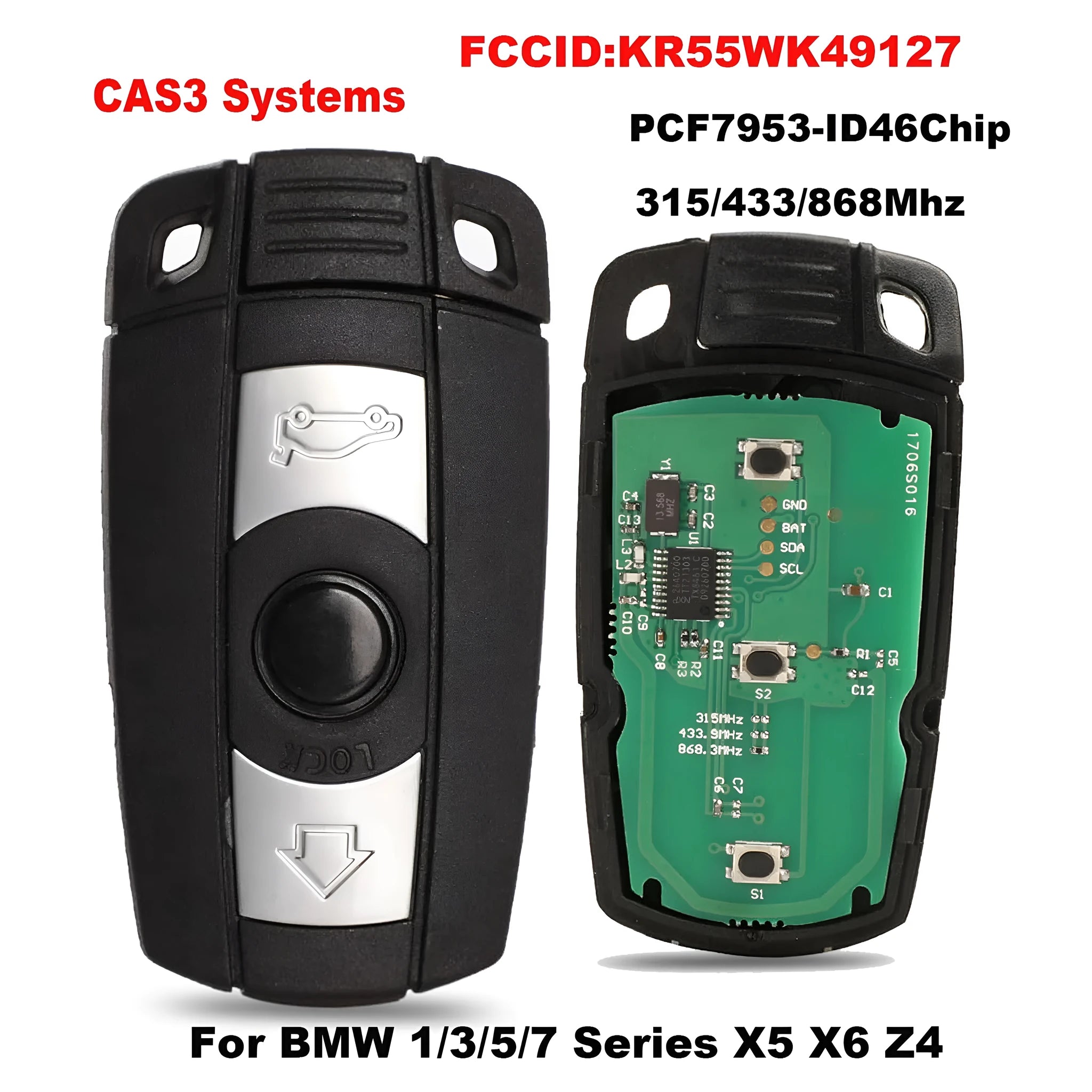 BMW HU92 semi-intelligent three-button car key remote fob with metal and plastic construction.