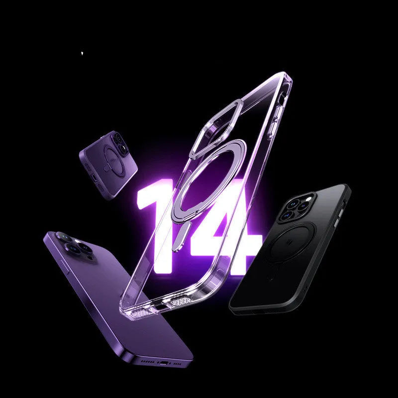 Transparent magnetic fulcrum protective case for iPhone models 11 through 15 Pro Max.