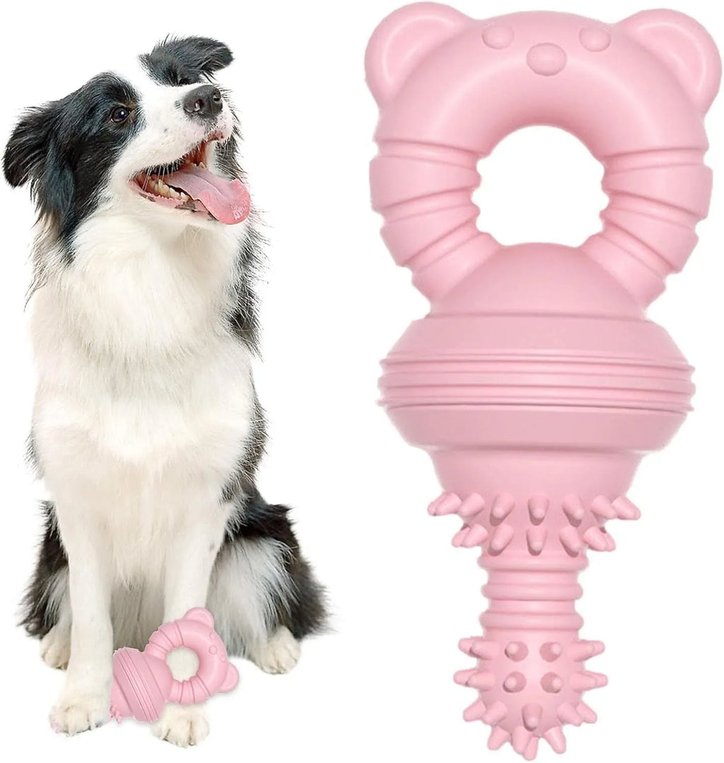 Blue green and pink rubber dog chew toy with textured surface and bell for aggressive chewers and large breeds.
