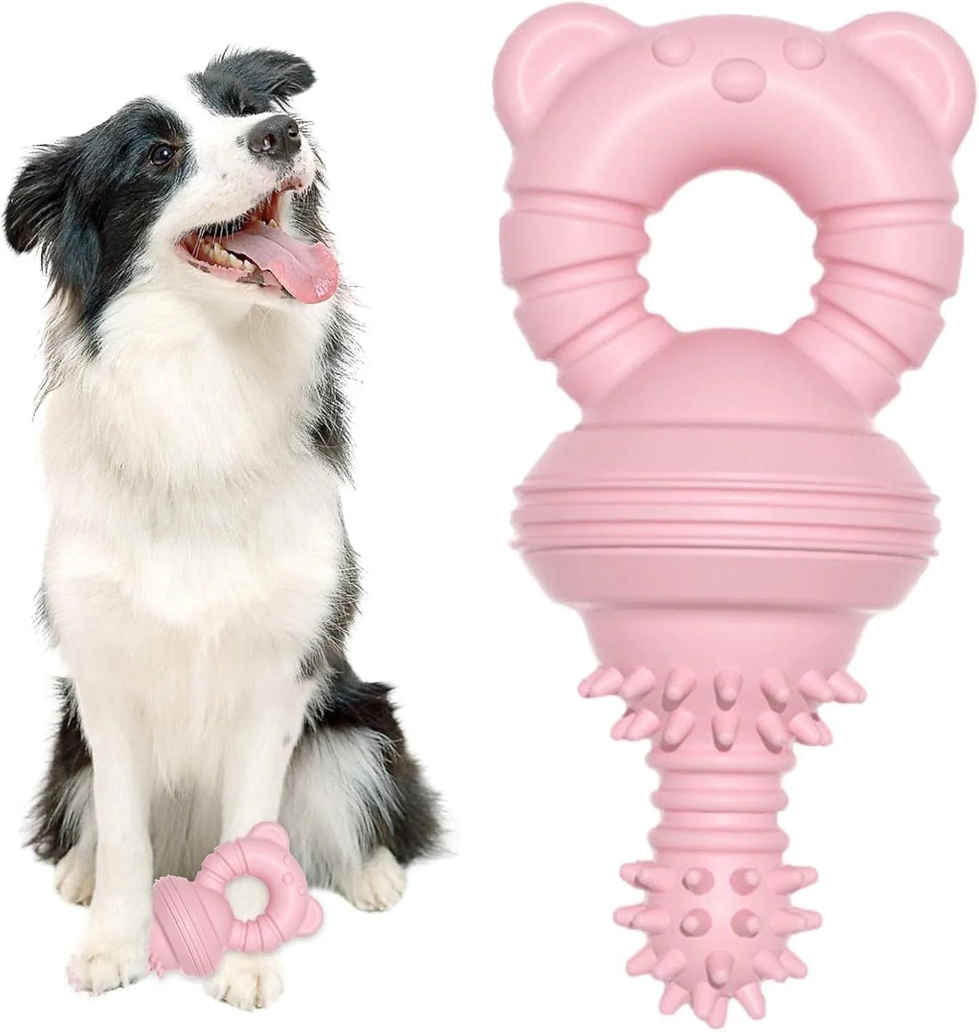 Blue green and pink rubber dog chew toy with textured surface and bell for aggressive chewers and large breeds.