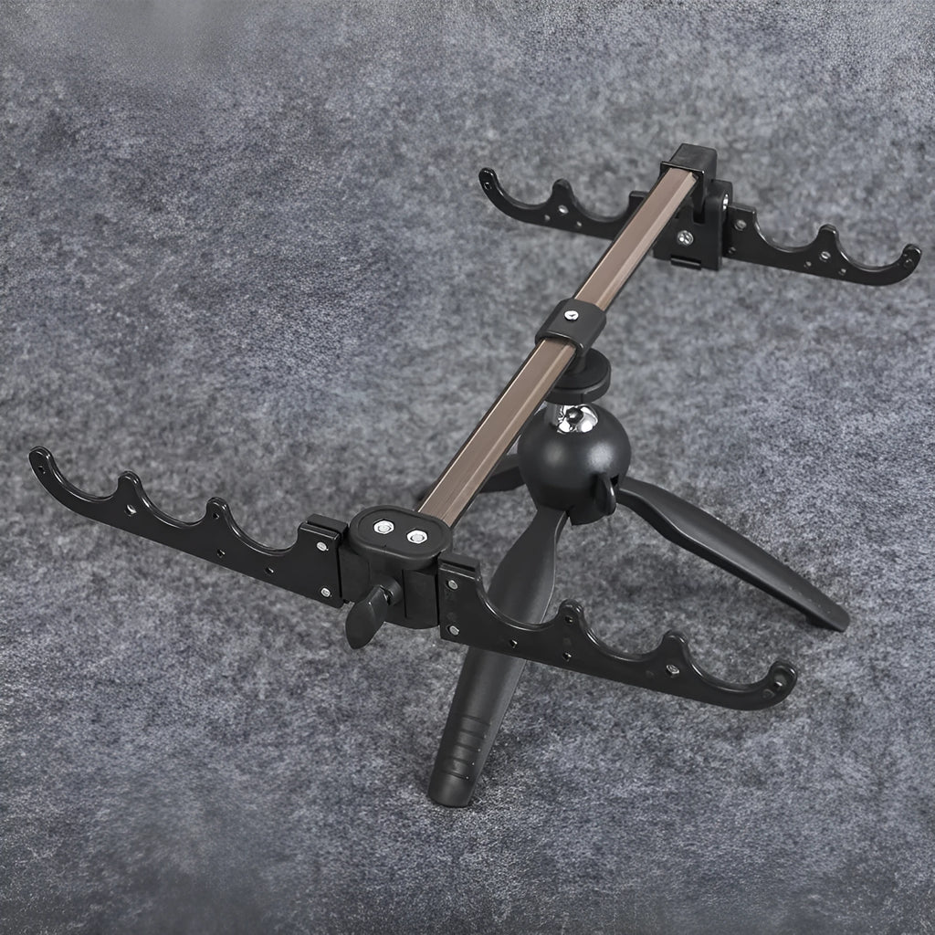 Aluminium ice fishing rod holder bracket with a tripod base on ice.