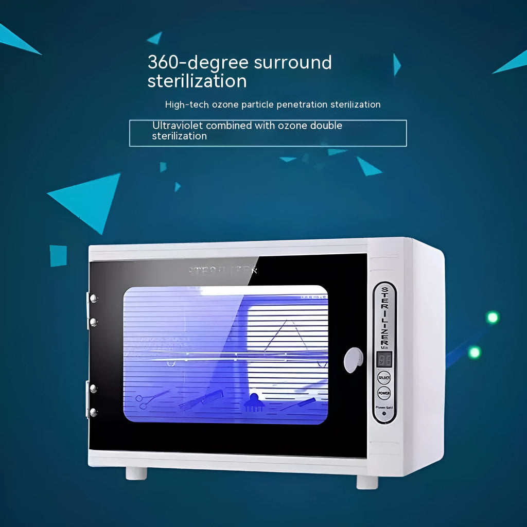 Silver mini UV sterilizer unit with stainless steel interior chamber for tool disinfection