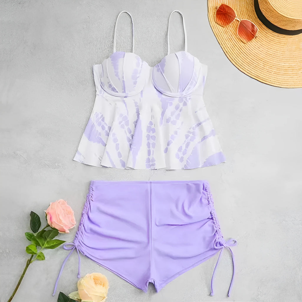 Women's printed split bikini swimsuit set showing top and shorts in blue colour option