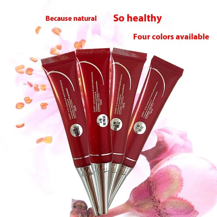 Vermilion lip gloss tube showing five colour options: pink, orange red, bright rose red, rose red, and seashell