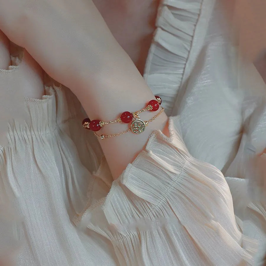 Red Agate bracelet with Red Horse blessing card motif on electroplated alloy double-layer design