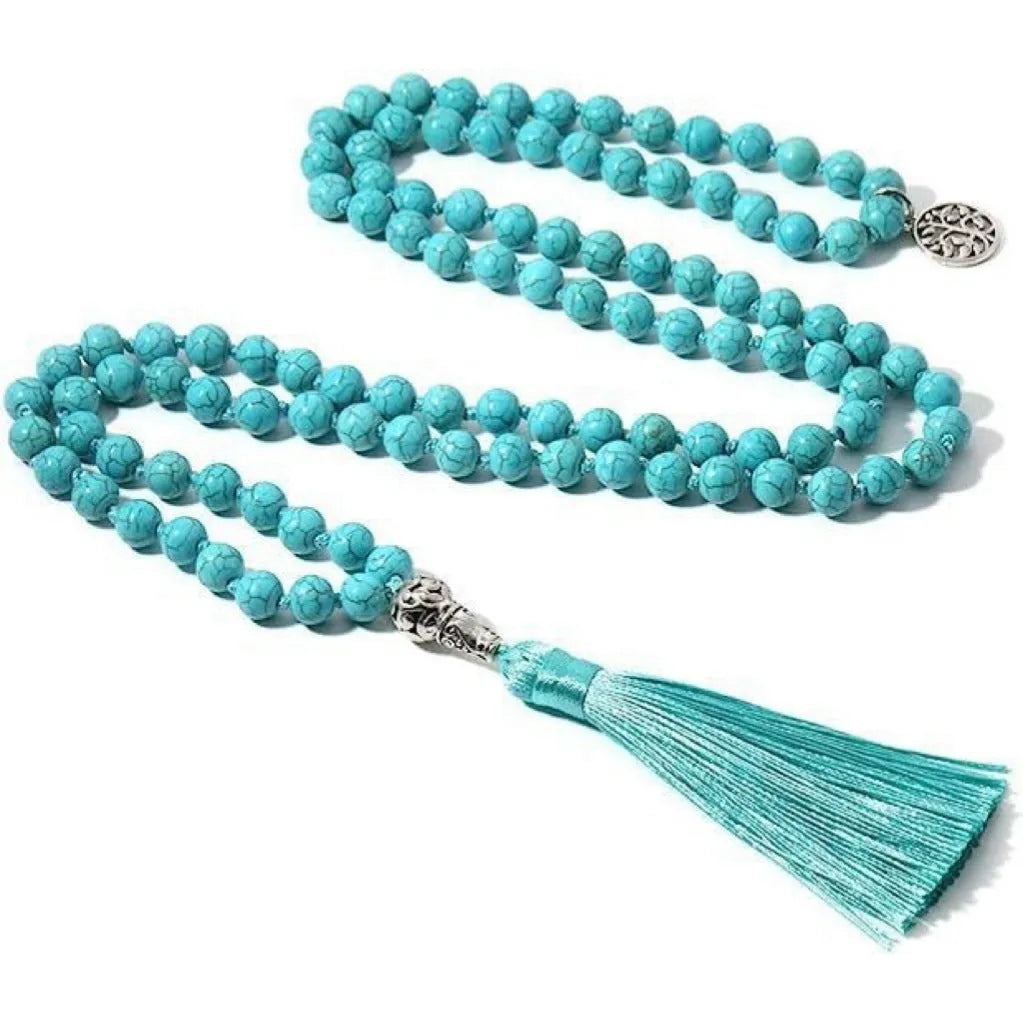 Handmade long necklace with 108 knotted 8mm natural stone beads in geometric shapes.