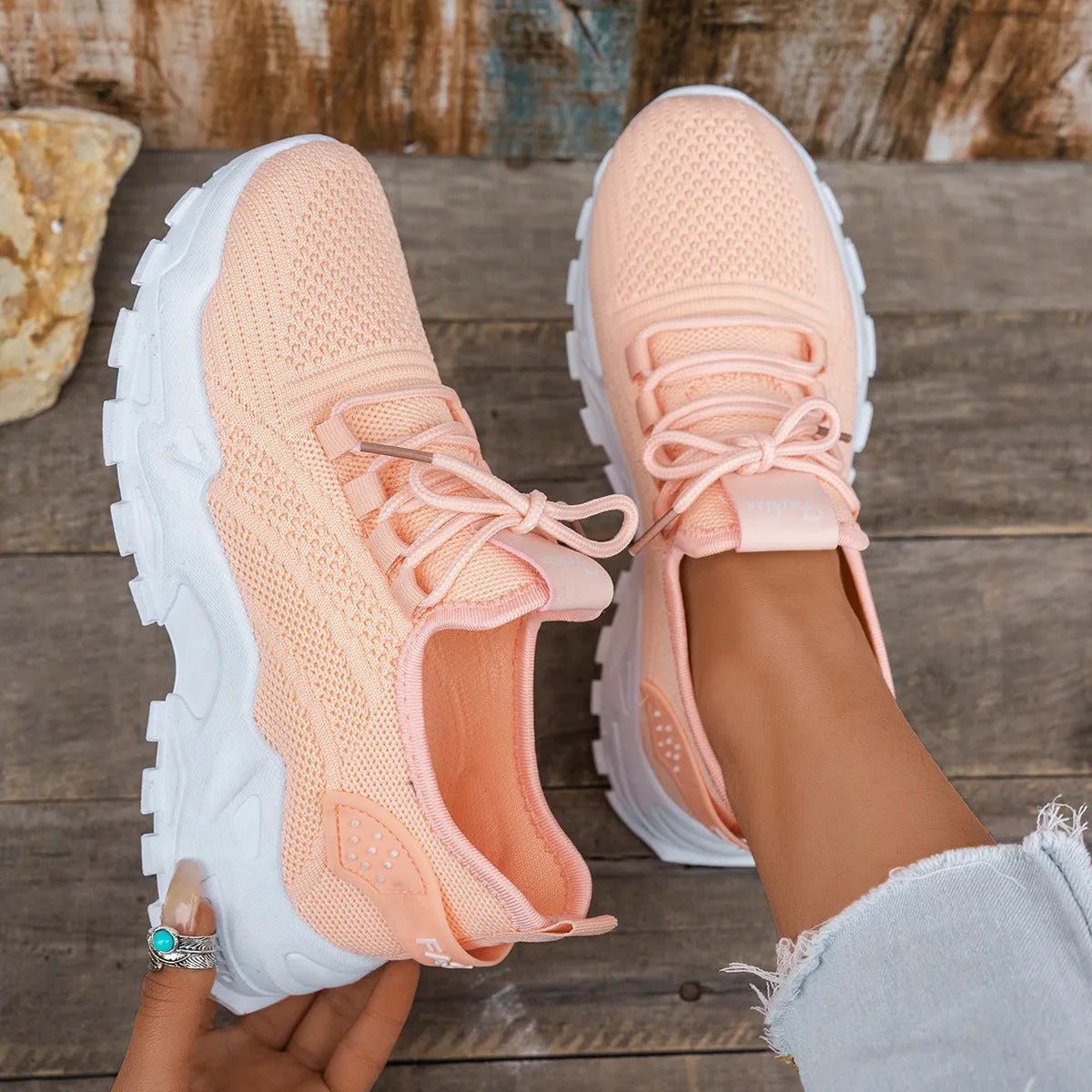 Women's Flyknit mesh sports casual shoes in multiple colours with flat heel and lace-up closure