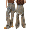 American Street loose hole bootcut trousers in denim, showing high waist, straight leg, and button fly detail.