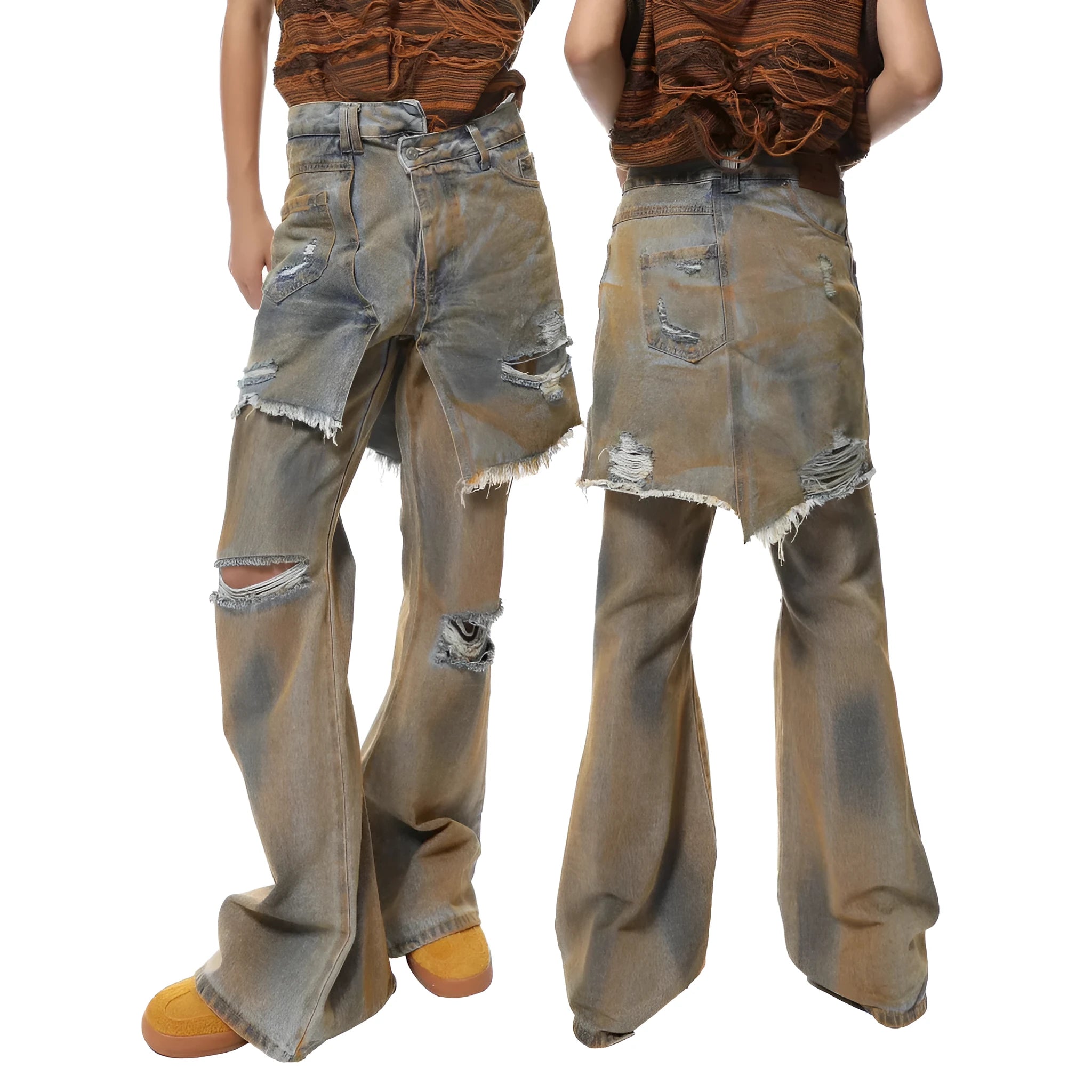 American Street loose hole bootcut trousers in denim, showing high waist, straight leg, and button fly detail.