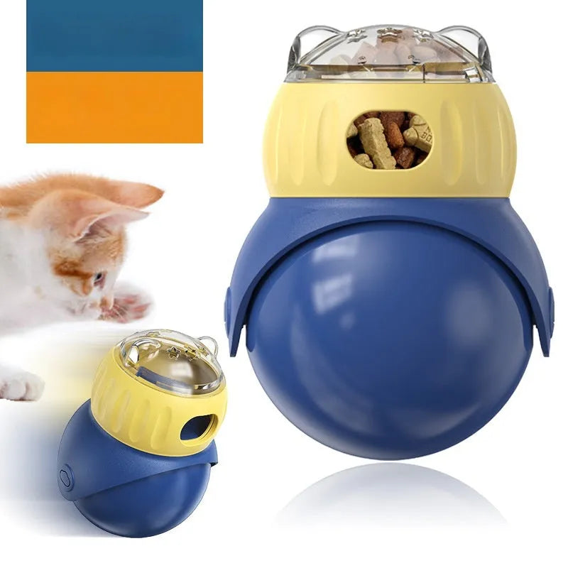 Morandi yellow and blue owl-shaped plastic slow feeder cat toy with kibble openings