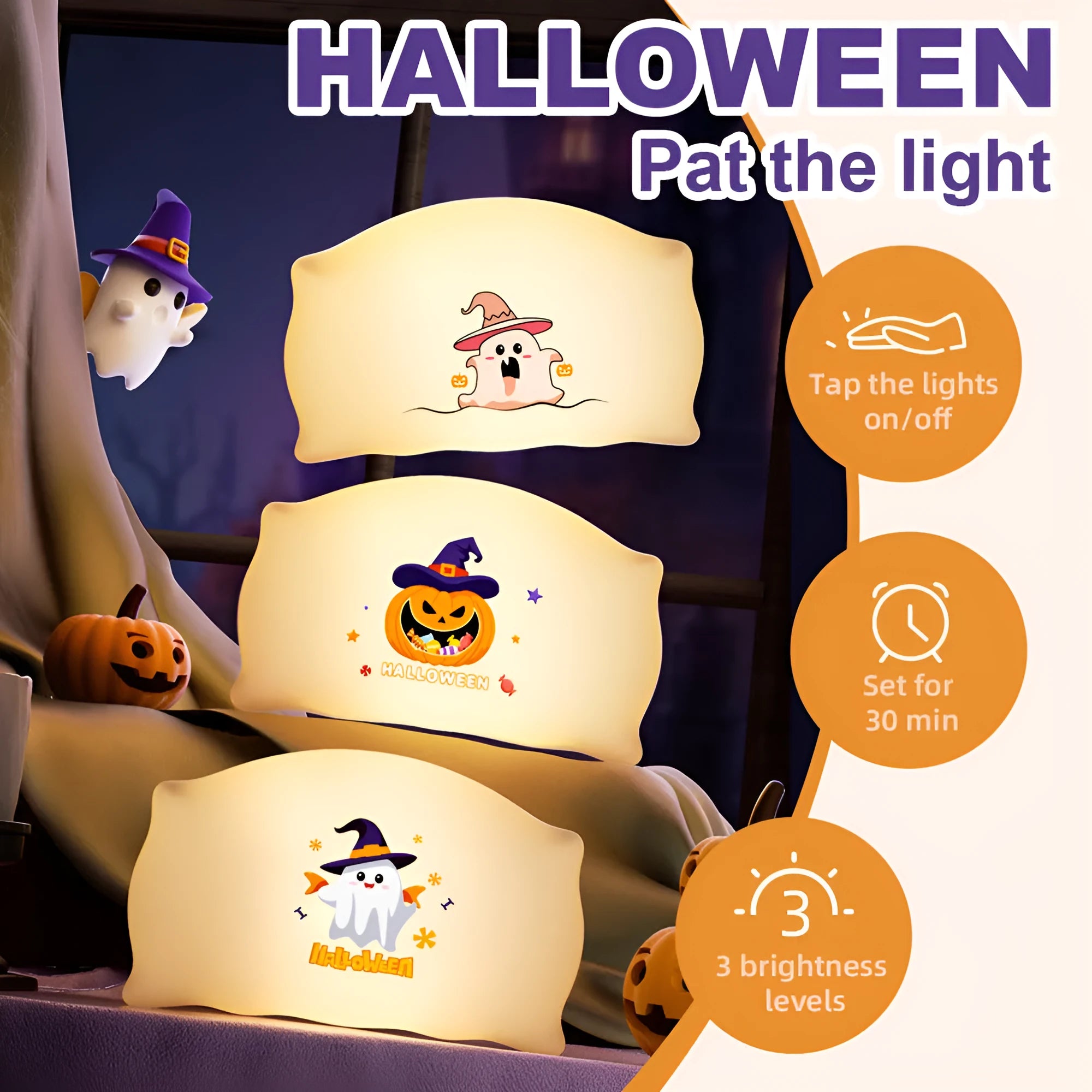 Cartoon Halloween table lamp in Magic Ghost or Pumpkin Ghost design with warm LED glow.