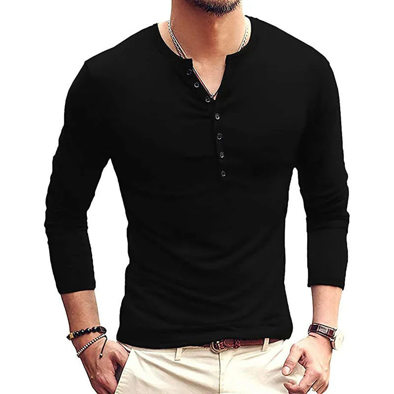Blue men's long sleeve cotton blend T-shirt with a Henry neck on a hanger.