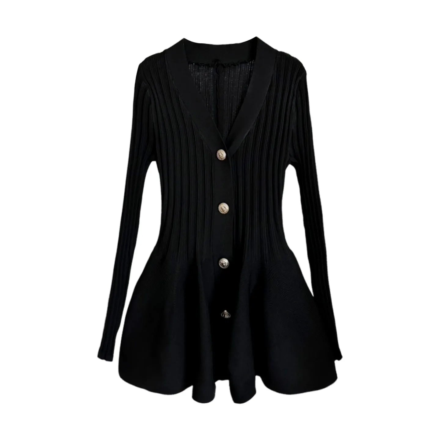 Slim-fit V-neck floral metal button wrap dress with bubble skirt in black polyester