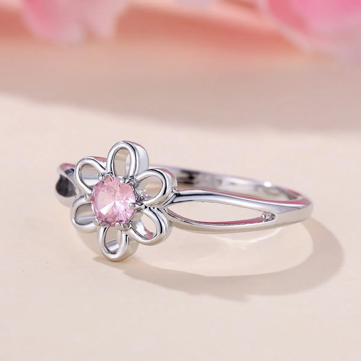 Lady's copper flower hollowed ring with electroplating finish in platinum pink diamond